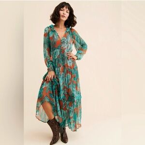 Anthropologie Vibrant Teal and Orange Floral Dress